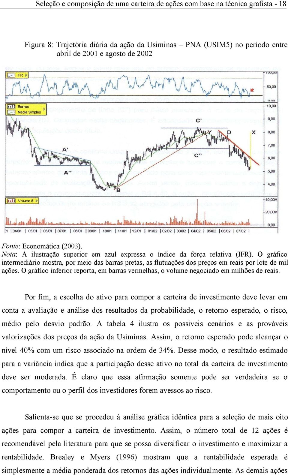 O gráfico intermediário mostra, por meio das barras pretas, as flutuações dos preços em reais por lote de mil ações.