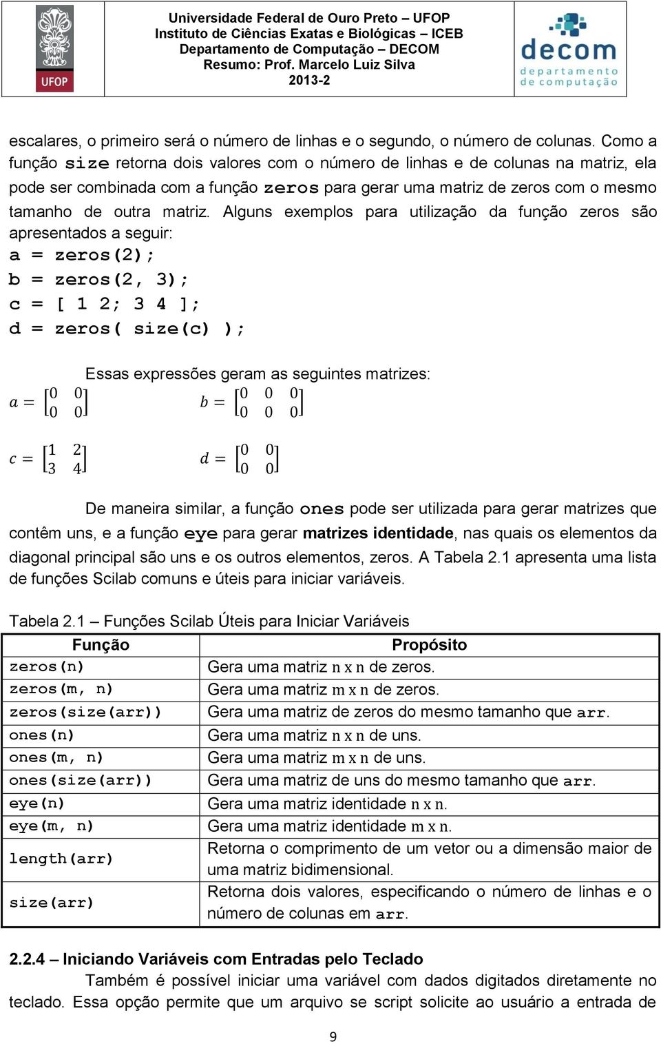 Alguns exemplos para utilização da função zeros são apresentados a seguir: a = zeros(2); b = zeros(2, 3); c = [ 1 2; 3 4 ]; d = zeros( size(c) ); Essas expressões geram as seguintes matrizes: De