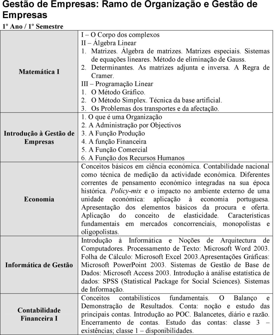 A Regra de Cramer. III Programação Linear 1. O Método Gráfico. 2. O Método Simplex. Técnica da base artificial. 3. Os Problemas dos transportes e da afectação. 1. O que é uma Organização 2.