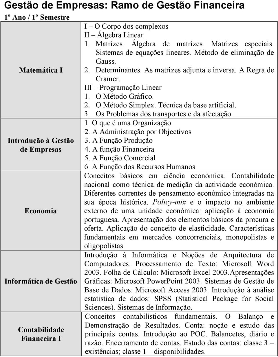 III Programação Linear 1. O Método Gráfico. 2. O Método Simplex. Técnica da base artificial. 3. Os Problemas dos transportes e da afectação. 1. O que é uma Organização 2.