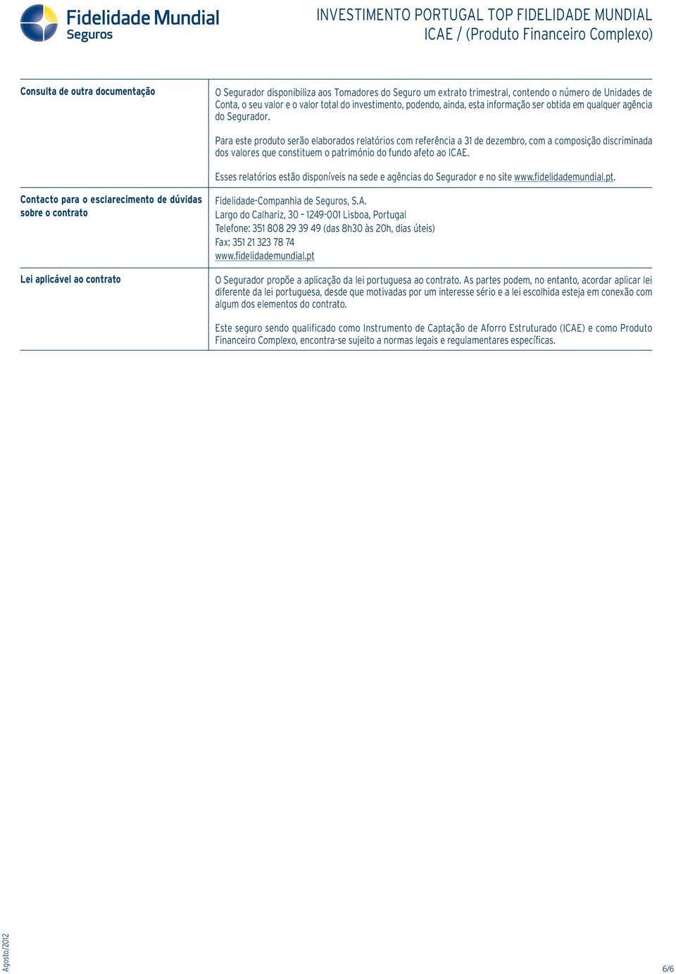 Para este produto serão elaborados relatórios com referência a 31 de dezembro, com a composição discriminada dos valores que constituem o património do fundo afeto ao ICAE.