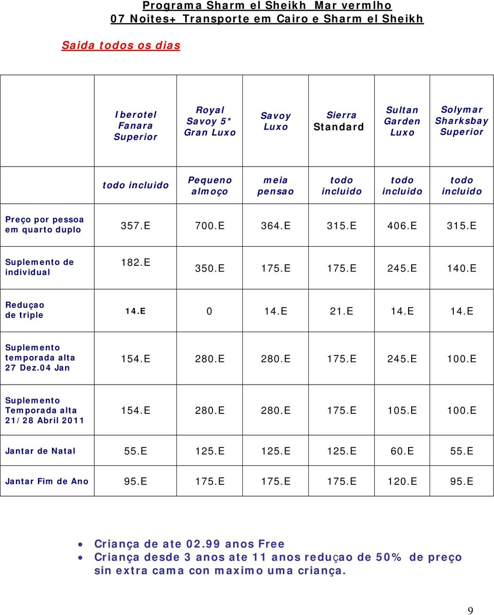 E 350.E 175.E 175.E 245.E 140.E Reduçao de triple 14.E 0 14.E 21.E 14.E 14.E temporada alta 27 Dez.04 Jan 154.E 280.E 280.E 175.E 245.E 100.E Temporada alta 21/28 Abril 2011 154.E 280.E 280.E 175.E 105.