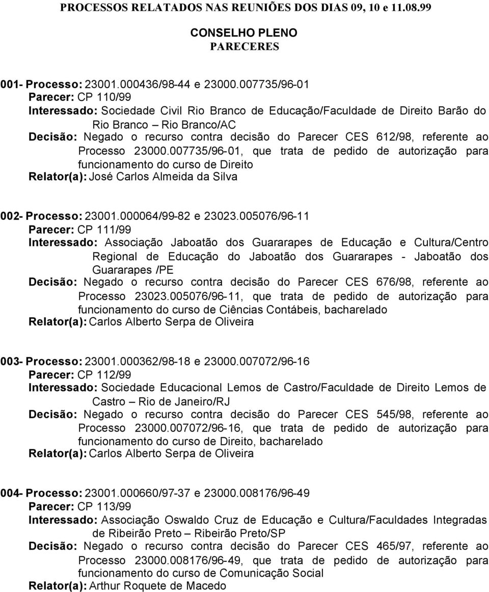612/98, referente ao Processo 23000.007735/96-01, que trata de pedido de autorização para funcionamento do curso de Direito Relator(a): José Carlos Almeida da Silva 002- Processo: 23001.