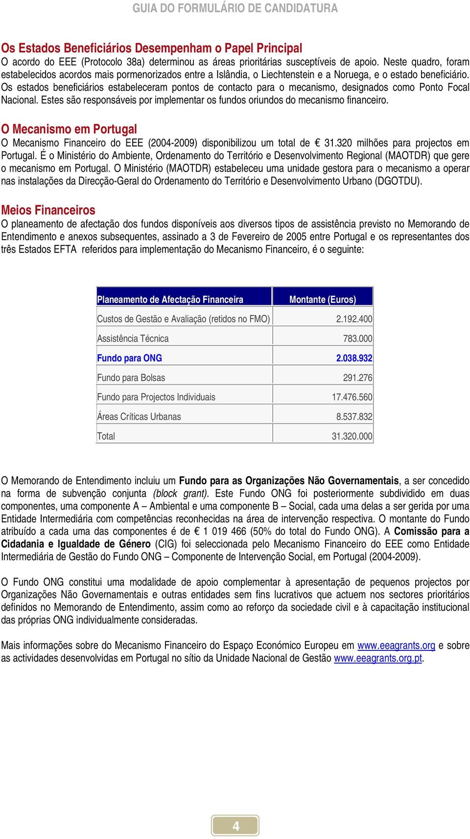 Os estados beneficiários estabeleceram pontos de contacto para o mecanismo, designados como Ponto Focal Nacional. Estes são responsáveis por implementar os fundos oriundos do mecanismo financeiro.