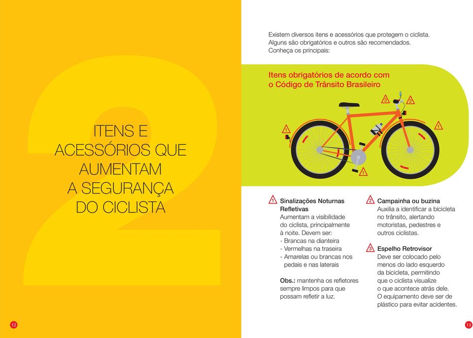 visibilidade do ciclista, principalmente à noite. Devem ser: - Brancas na dianteira - Vermelhas na traseira - Amarelas ou brancas nos pedais e nas laterais Obs.