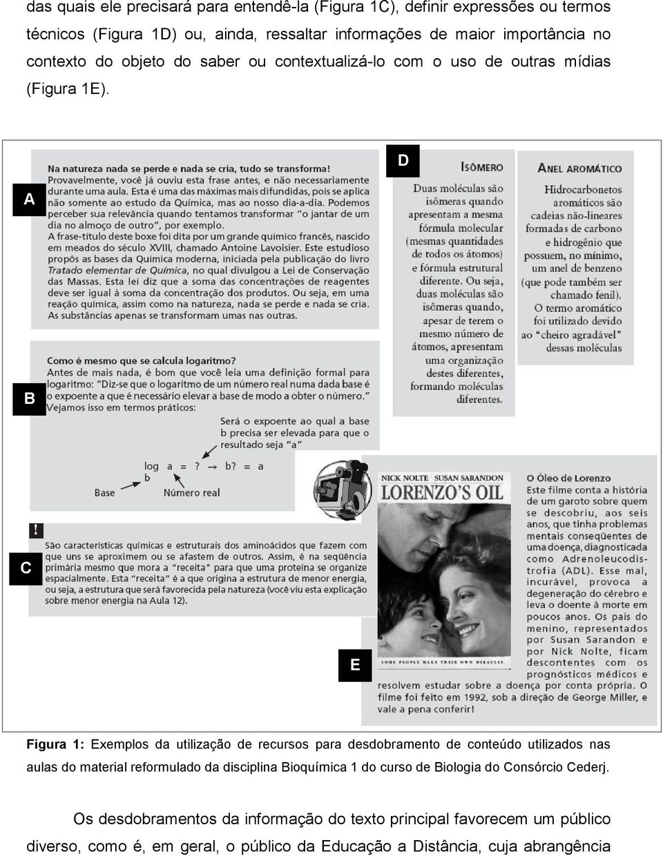 A D B C E Figura 1: Exemplos da utilização de recursos para desdobramento de conteúdo utilizados nas aulas do material reformulado da disciplina