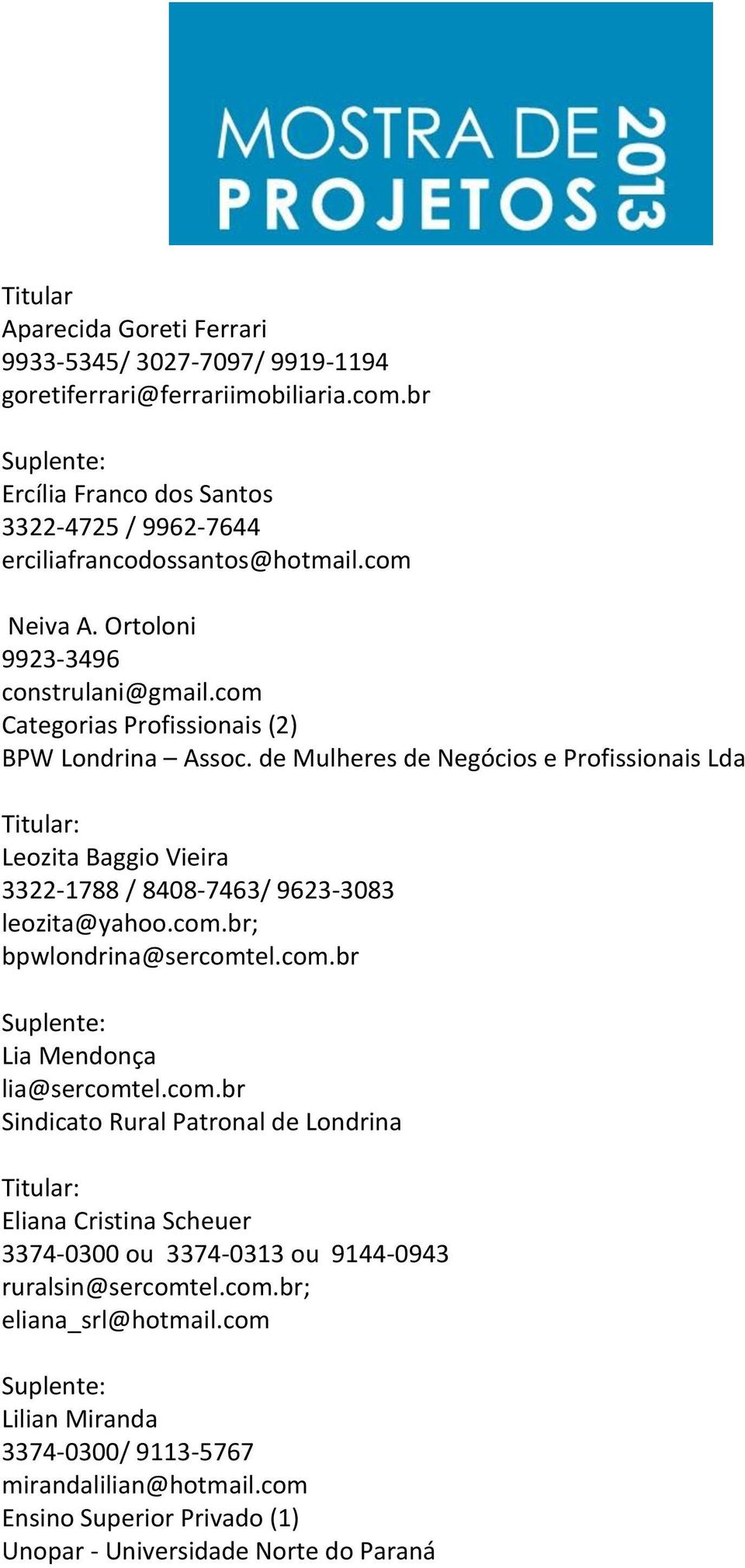 de Mulheres de Negócios e Profissionais Lda Leozita Baggio Vieira 3322-1788 / 8408-7463/ 9623-3083 leozita@yahoo.com.