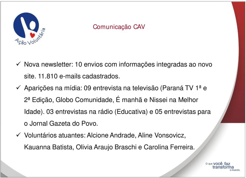 Aparições na mídia: 09 entrevista na televisão (Paraná TV 1ª e 2ª Edição, Globo Comunidade, É manhã e Nissei