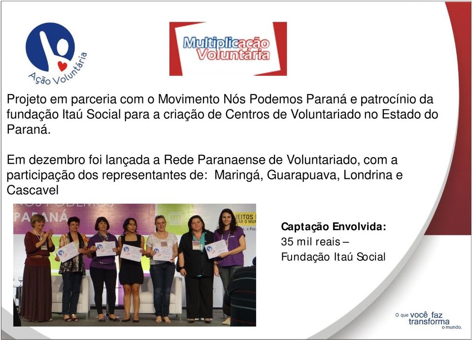 Em dezembro foi lançada a Rede Paranaense de Voluntariado, com a participação dos