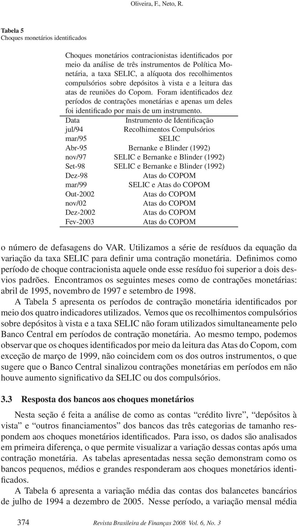 compulsórios sobre depósitos à vista e a leitura das atas de reuniões do Copom. Foram identificados dez períodos de contrações monetárias e apenas um deles foi identificado por mais de um instrumento.