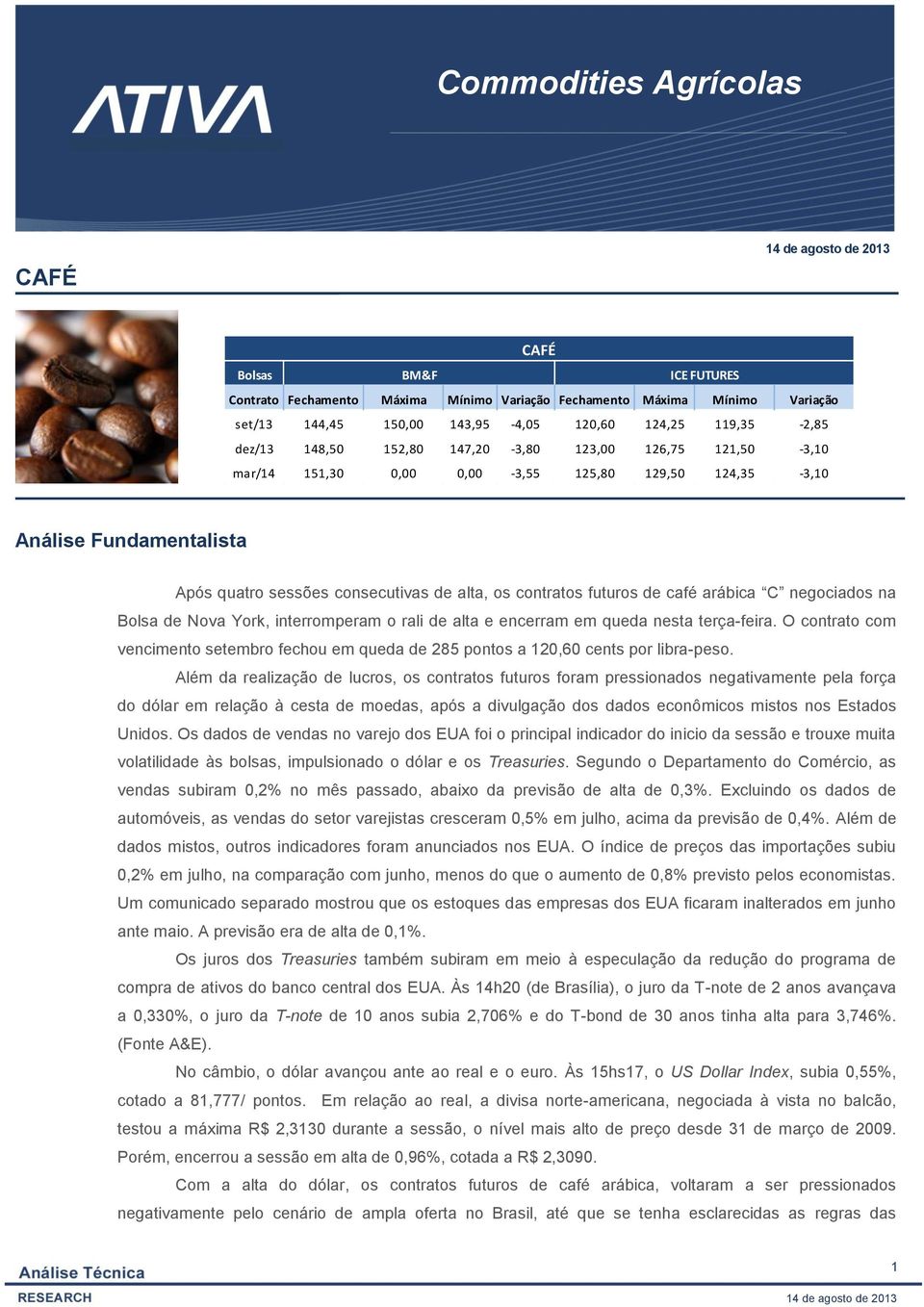 café arábica C negociados na Bolsa de Nova York, interromperam o rali de alta e encerram em queda nesta terça-feira.