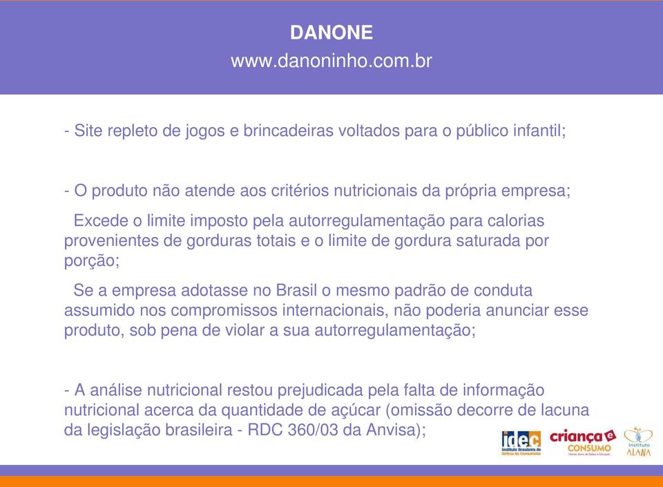 pela autorregulamentação para calorias provenientes de gorduras totais e o limite de gordura saturada por porção; Se a empresa adotasse no Brasil o mesmo padrão de