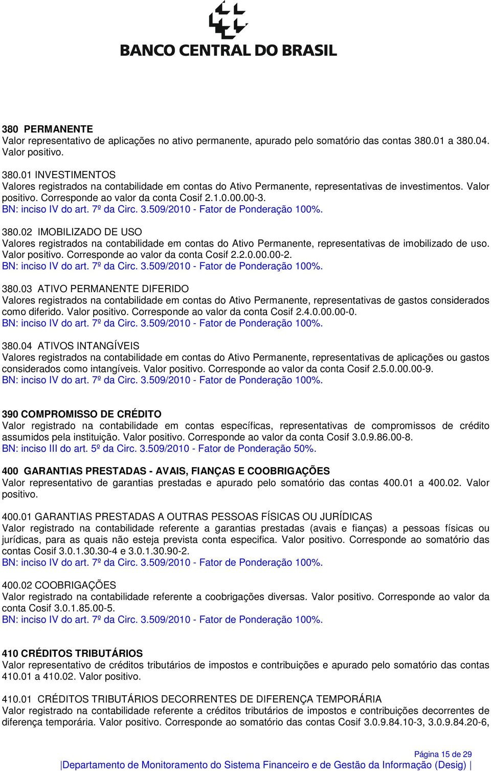 1.0.00.00-3. BN: inciso IV do art. 7º da Circ. 3.509/2010 - Fator de Ponderação 100%. 380.