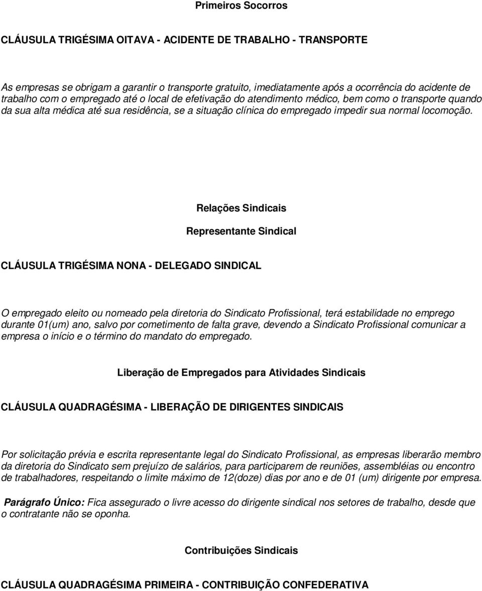 Relações Sindicais Representante Sindical CLÁUSULA TRIGÉSIMA NONA - DELEGADO SINDICAL O empregado eleito ou nomeado pela diretoria do Sindicato Profissional, terá estabilidade no emprego durante