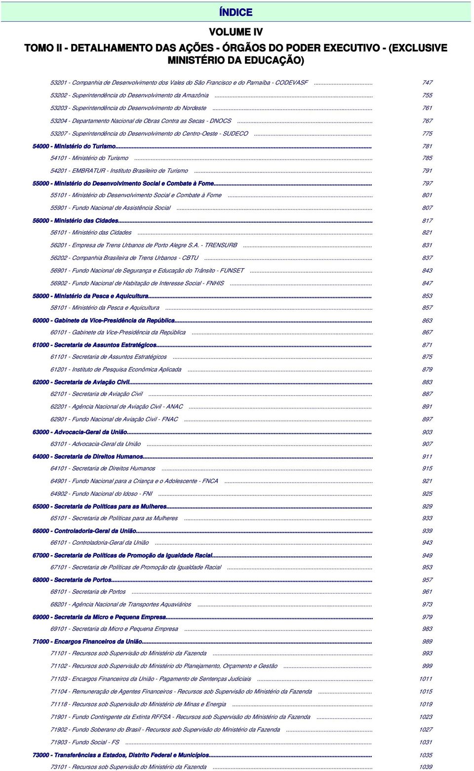 .. 761 53204 - Departamento Nacional de Obras Contra as Secas - DNOCS... 767 53207 - Superintendência do Desenvolvimento do Centro-Oeste - SUDECO... 775 54000 - Ministério do Turismo.