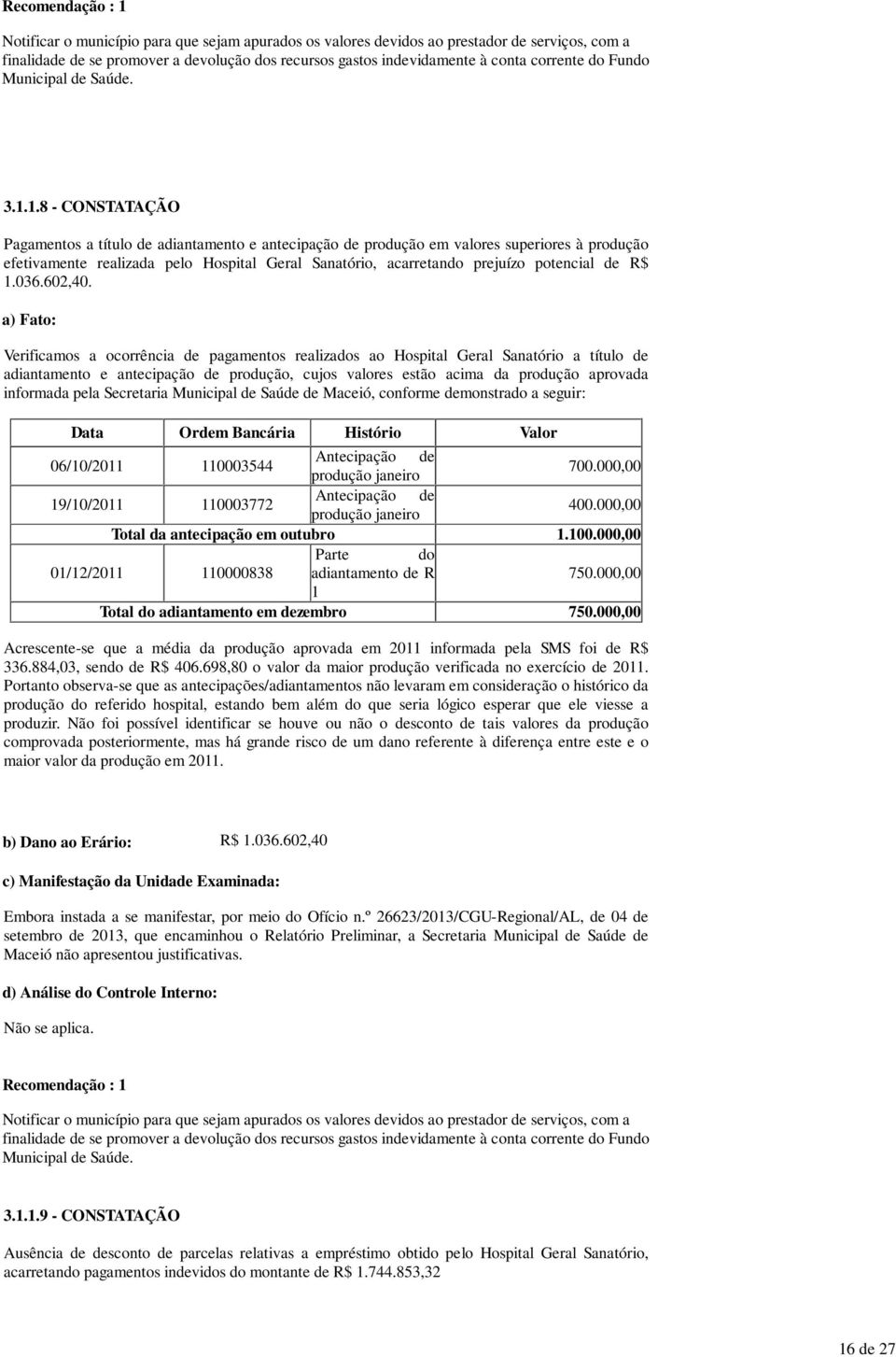 1.8 - CONSTATAÇÃO Pagamentos a título de adiantamento e antecipação de produção em valores superiores à produção efetivamente realizada pelo Hospital Geral Sanatório, acarretando prejuízo potencial