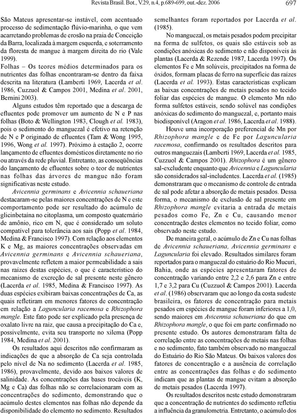 florest de mngue à mrgem direit do rio (Vle 1999). Folhs Os teores médios determindos pr os nutrientes ds folhs encontrrm-se dentro d fix descrit n litertur (Lmerti 1969, Lcerd et l.