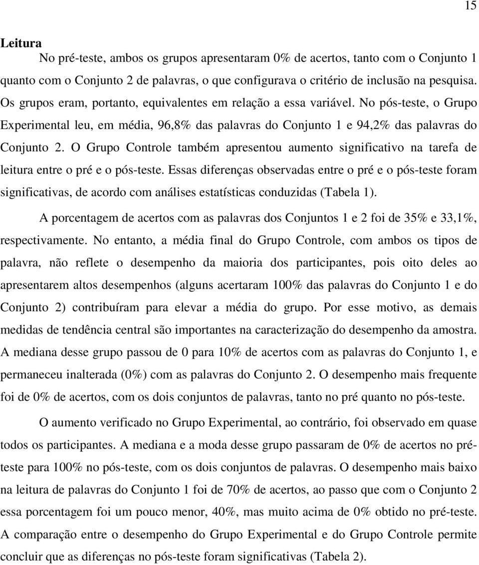 O Grupo Controle também apresentou aumento significativo na tarefa de leitura entre o pré e o pós-teste.