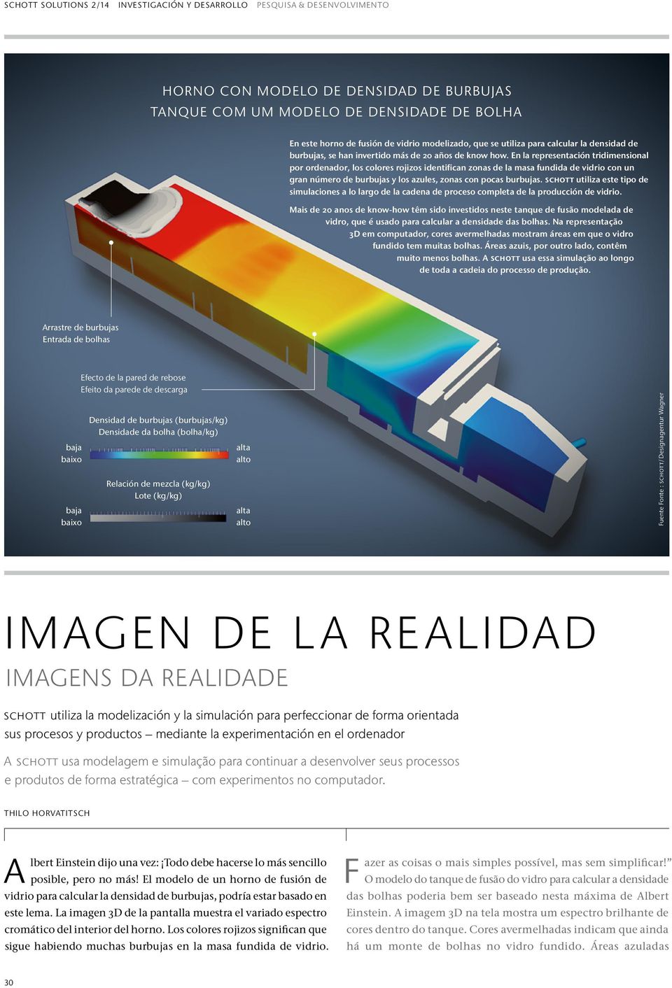 En la representación tridimensional por ordenador, los colores rojizos identifican zonas de la masa fundida de vidrio con un gran número de burbujas y los azules, zonas con pocas burbujas.