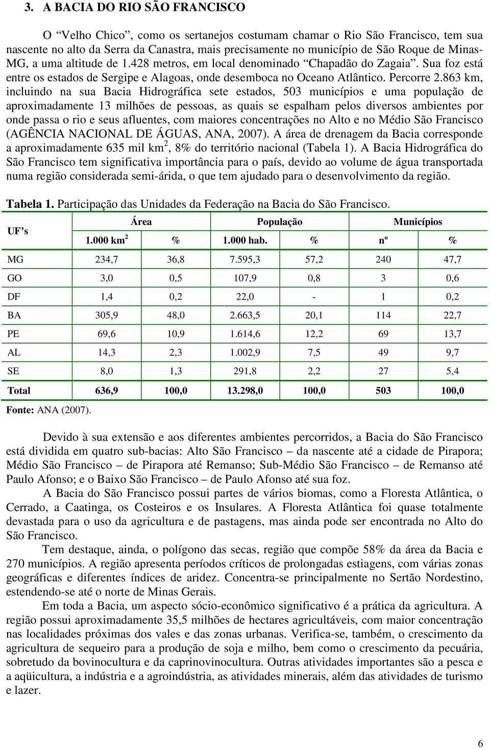 863 km, incluindo na sua Bacia Hidrográfica sete estados, 503 municípios e uma população de aproximadamente 13 milhões de pessoas, as quais se espalham pelos diversos ambientes por onde passa o rio e