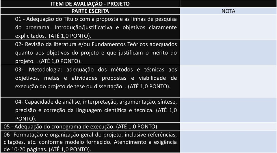 Metodologia: adequação dos métodos e técnicas aos objetivos, metas e atividades propostas e viabilidade de execução do projeto de tese ou dissertação.. (ATÉ 1,0 PONTO).