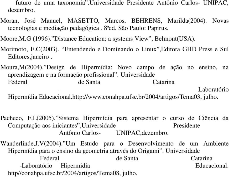 Design de Hipermídia: Novo campo de ação no ensino, na aprendizagem e na formação profissional. Universidade Federal de Santa Catarina - Laboratório Hipermídia Educacional.http://www.conahpa.ufsc.