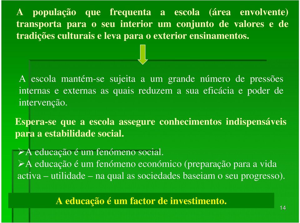 A escola mantém-se sujeita a um grande número de pressões internas e externas as quais reduzem a sua eficácia e poder de intervenção.