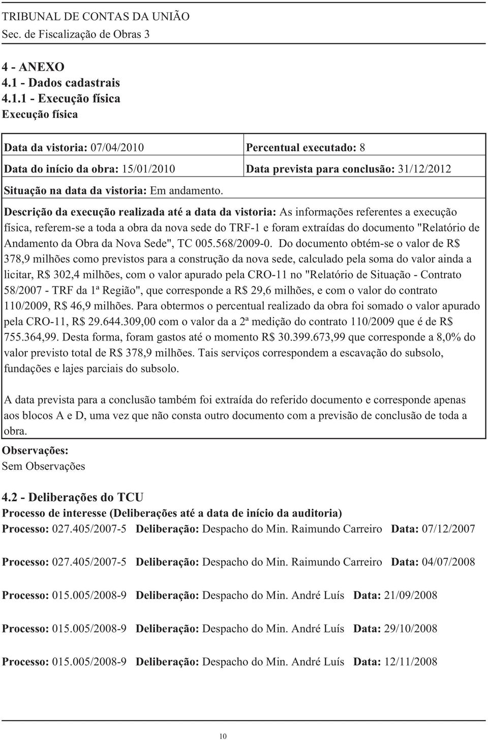 1 - Execução física Execução física Data da vistoria: 07/04/2010 Percentual executado: 8 Data do início da obra: 15/01/2010 Data prevista para conclusão: 31/12/2012 Situação na data da vistoria: Em