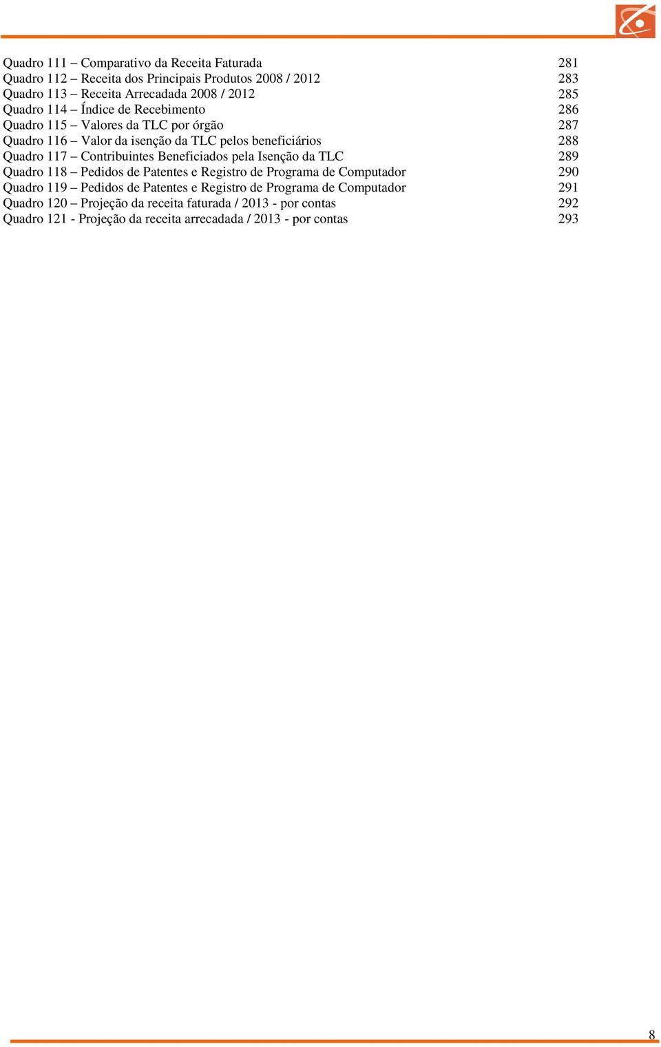 Contribuintes Beneficiados pela Isenção da TLC 289 Quadro 118 Pedidos de Patentes e Registro de Programa de Computador 290 Quadro 119 Pedidos de Patentes e