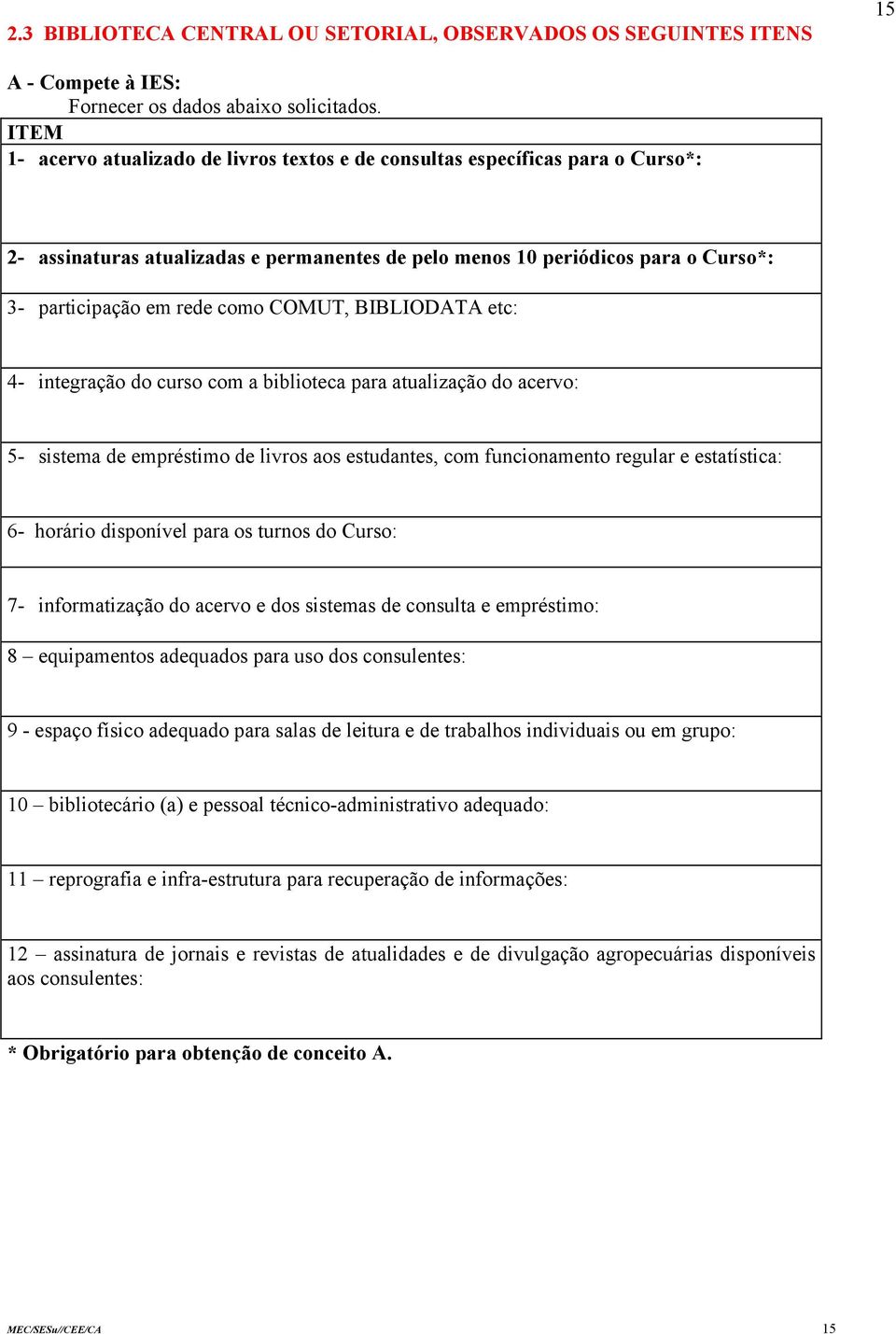 COMUT, BIBLIODATA etc: 4- integração do curso com a biblioteca para atualização do acervo: 5- sistema de empréstimo de livros aos estudantes, com funcionamento regular e estatística: 6- horário