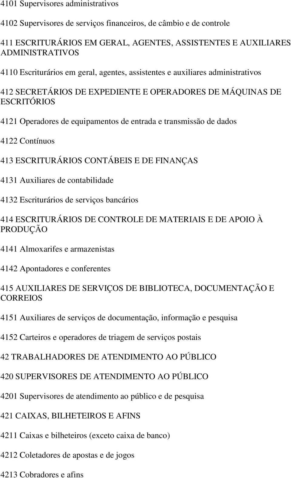 4122 Contínuos 413 ESCRITURÁRIOS CONTÁBEIS E DE FINANÇAS 4131 Auxiliares de contabilidade 4132 Escriturários de serviços bancários 414 ESCRITURÁRIOS DE CONTROLE DE MATERIAIS E DE APOIO À PRODUÇÃO