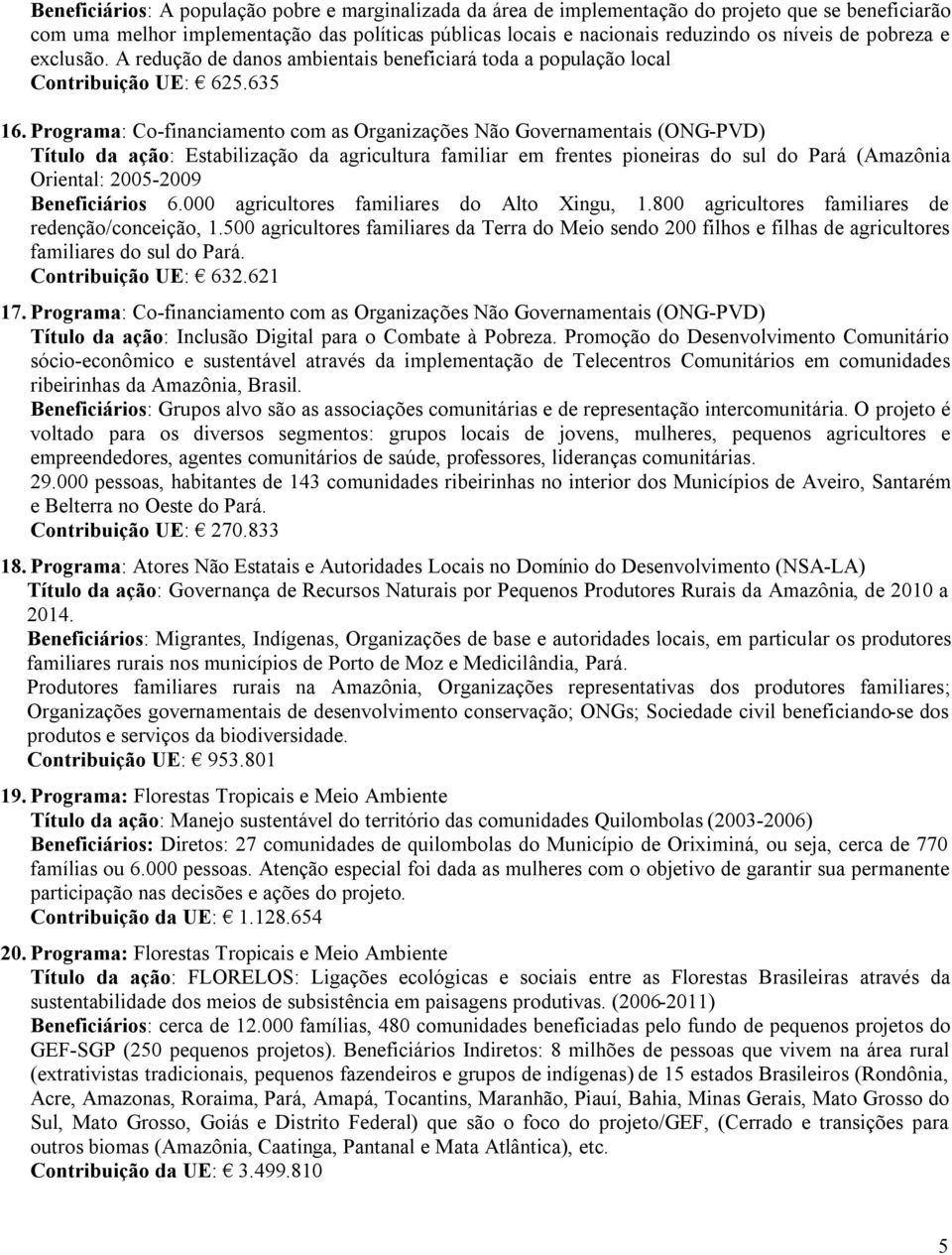 Programa: Co-financiamento com as Organizações Não Governamentais (ONG-PVD) Título da ação: Estabilização da agricultura familiar em frentes pioneiras do sul do Pará (Amazônia Oriental: 2005-2009