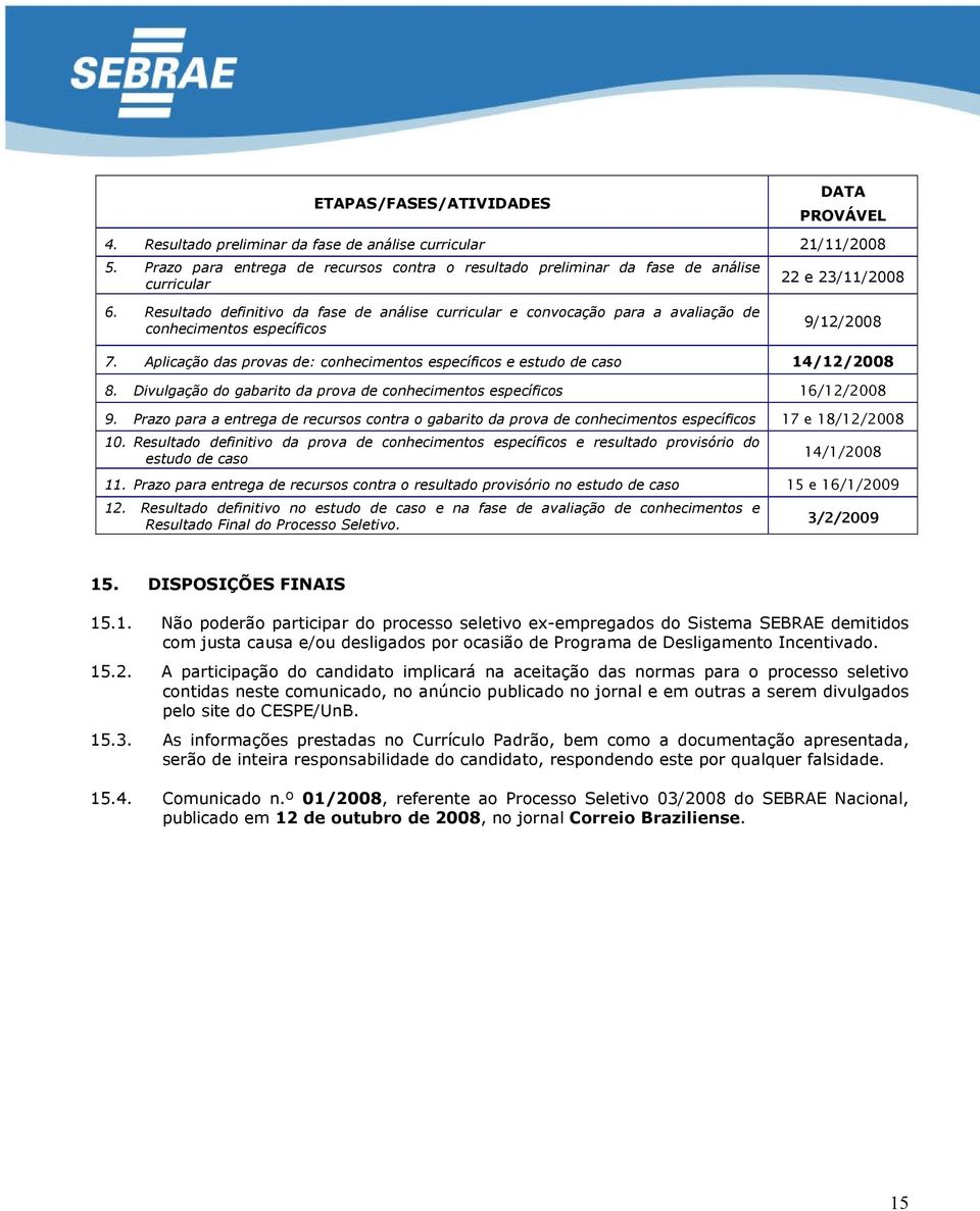 Resultado definitivo da fase de análise curricular e convocação para a avaliação de conhecimentos específicos 9/12/2008 7.