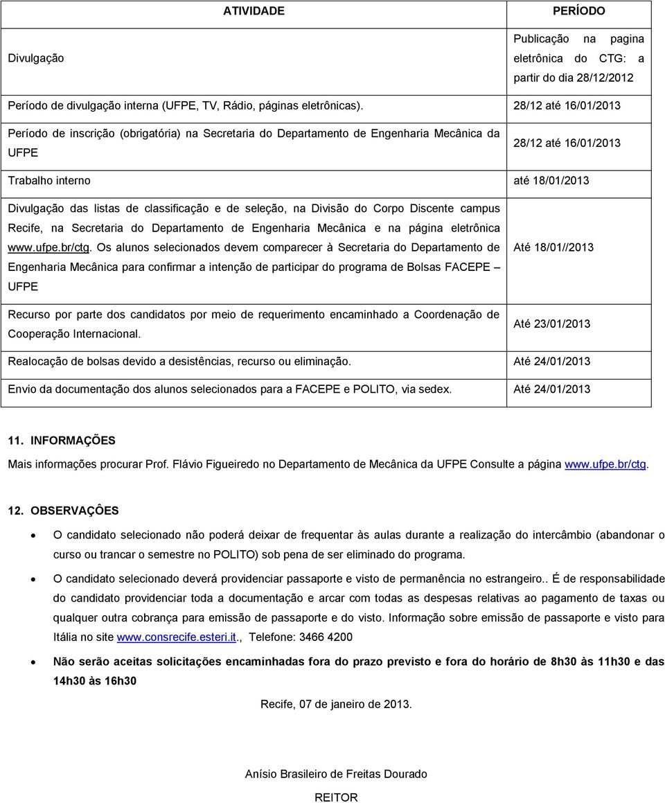 classificação e de seleção, na Divisão do Corpo Discente campus Recife, na Secretaria do Departamento de Engenharia Mecânica e na página eletrônica www.ufpe.br/ctg.