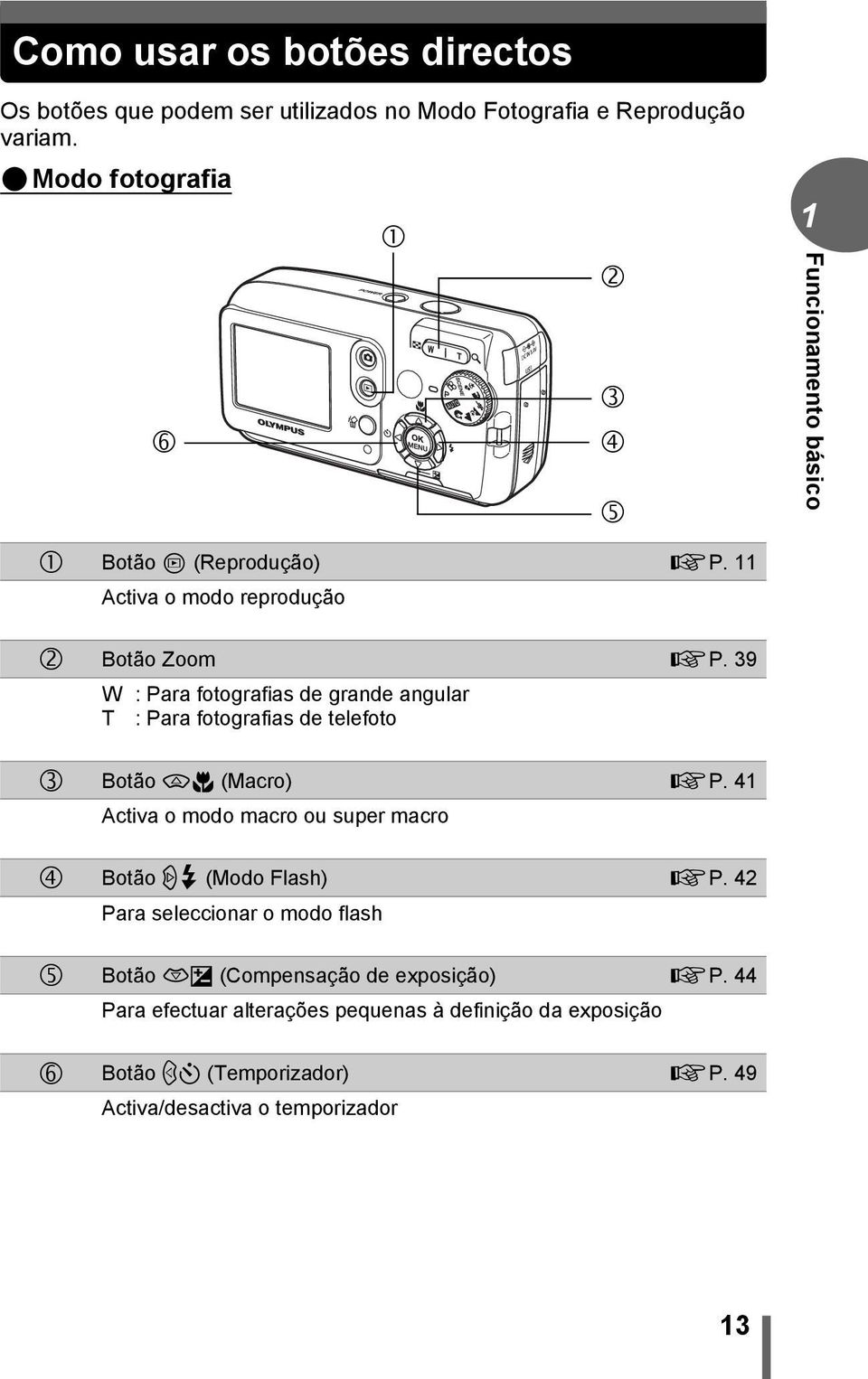 39 W : Para fotografias de grande angular T : Para fotografias de telefoto Botão a& (Macro) gp.