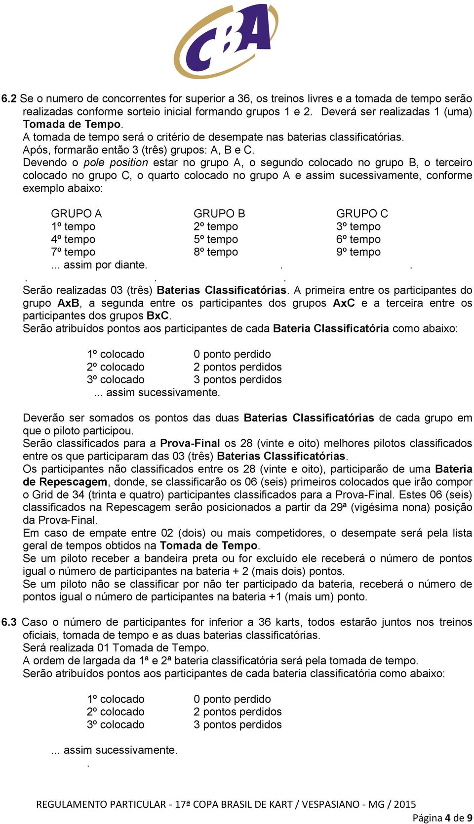 Devendo o pole position estar no grupo A, o segundo colocado no grupo B, o terceiro colocado no grupo C, o quarto colocado no grupo A e assim sucessivamente, conforme exemplo abaixo: GRUPO A GRUPO B