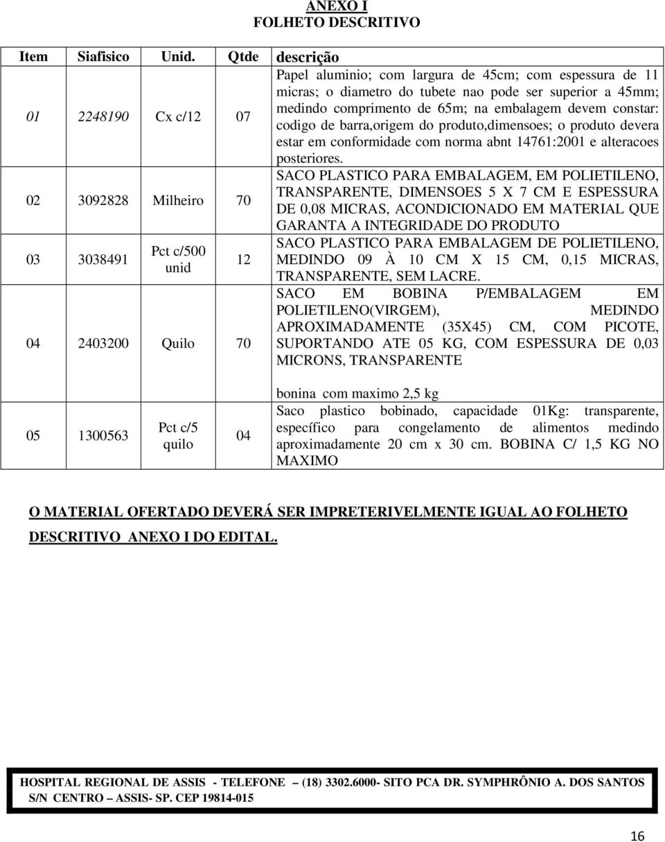 constar: codigo de barra,origem do produto,dimensoes; o produto devera estar em conformidade com norma abnt 14761:2001 e alteracoes posteriores.