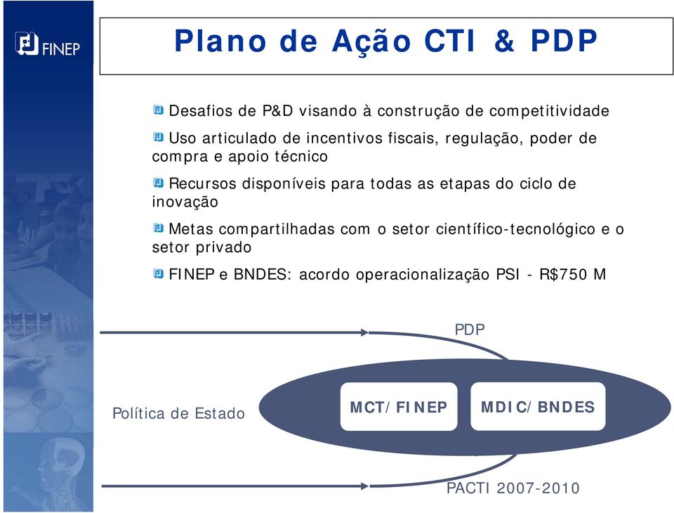 do ciclo de inovação Metas compartilhadas com o setor científico-tecnológico e o setor privado FINEP e