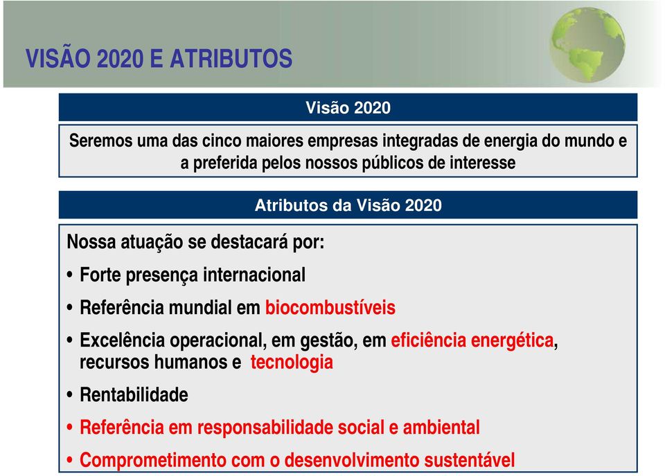 Referência mundial em biocombustíveis Excelência operacional, em gestão, em eficiência energética, recursos humanos e