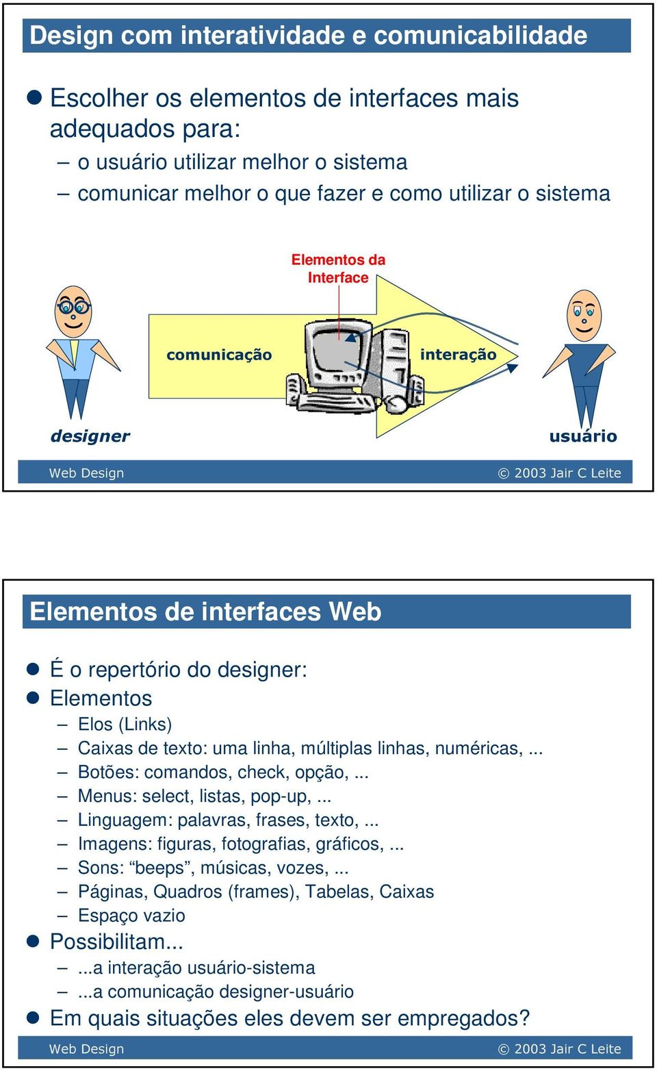 # $ % & Elementos de interfaces Web É o repertório do designer: Elementos Elos (Links) Caixas de texto: uma linha, múltiplas linhas, numéricas,... Botões: comandos, check, opção,.