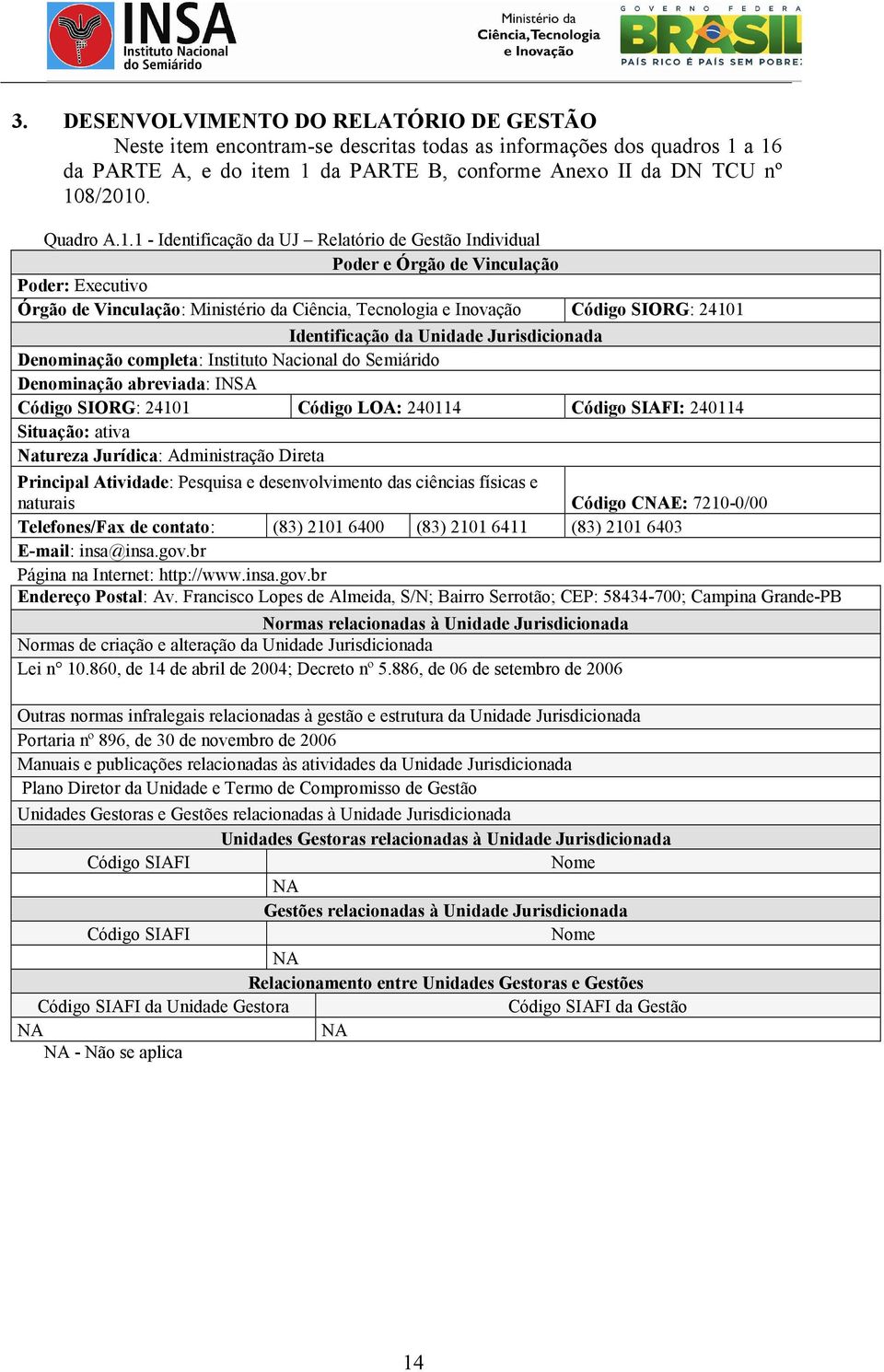 1 - Identificação da UJ Relatório de Gestão Individual Poder e Órgão de Vinculação Poder: Executivo Órgão de Vinculação: Ministério da Ciência, Tecnologia e Inovação Código SIORG: 24101 Identificação