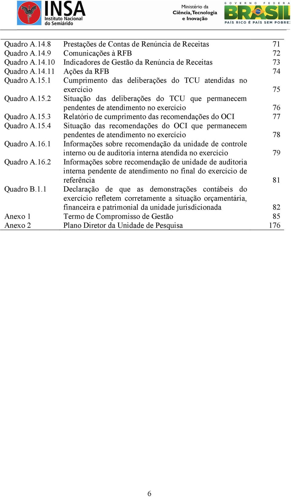 15.4 Situação das recomendações do OCI que permanecem pendentes de atendimento no exercício 78 Quadro A.16.