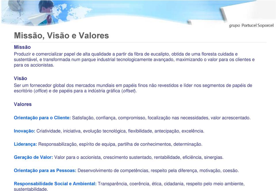 Visão Ser um fornecedor global dos mercados mundiais em papéis finos não revestidos e líder nos segmentos de papéis de escritório (office) e de papéis para a indústria gráfica (offset).