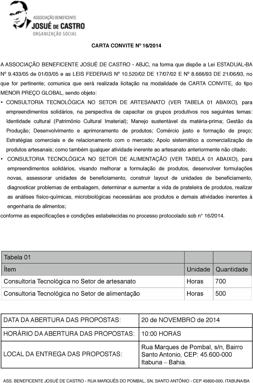 ARTESANATO (VER TABELA 01 ABAIXO), para empreendimentos solidários, na perspectiva de capacitar os grupos produtivos nos seguintes temas: Identidade cultural (Patrimônio Cultural Imaterial); Manejo