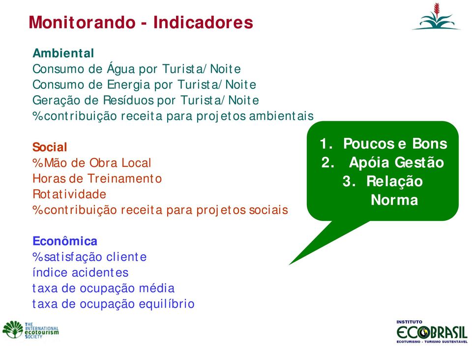 Horas de Treinamento Rotatividade % contribuição receita para projetos sociais 1. Poucos e Bons 2.