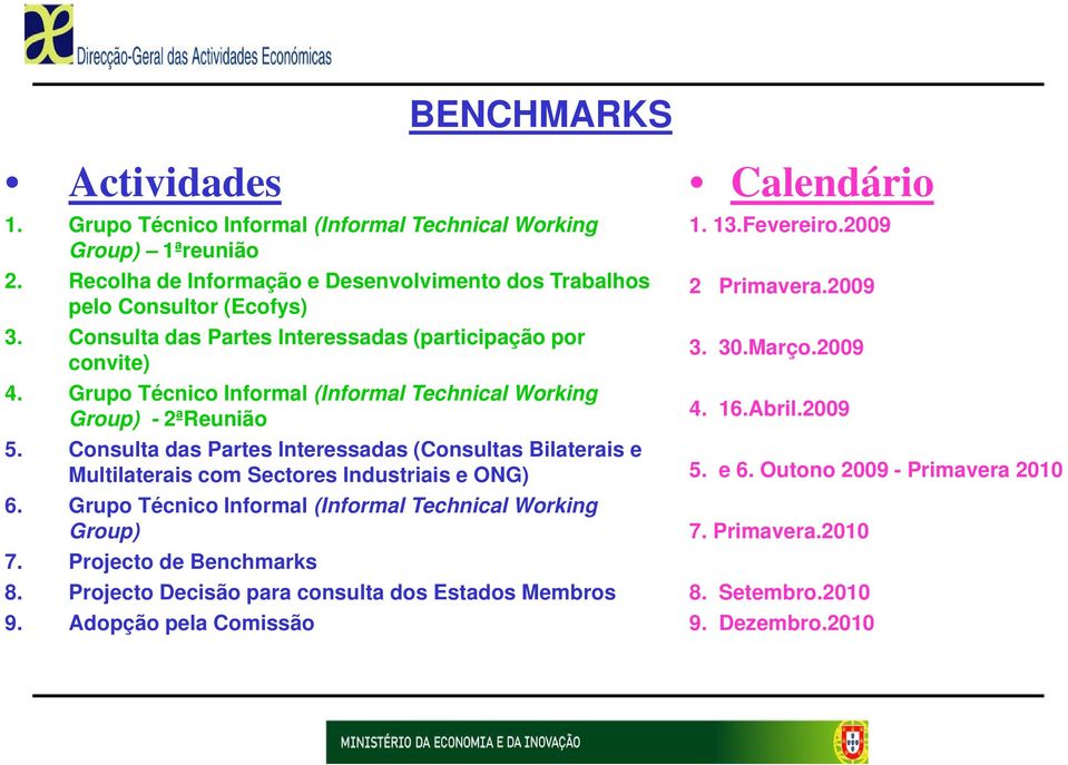 Consulta das Partes Interessadas (Consultas Bilaterais e Multilaterais com Sectores Industriais e ONG) 6. Grupo Técnico Informal (Informal Technical Working Group) 7.