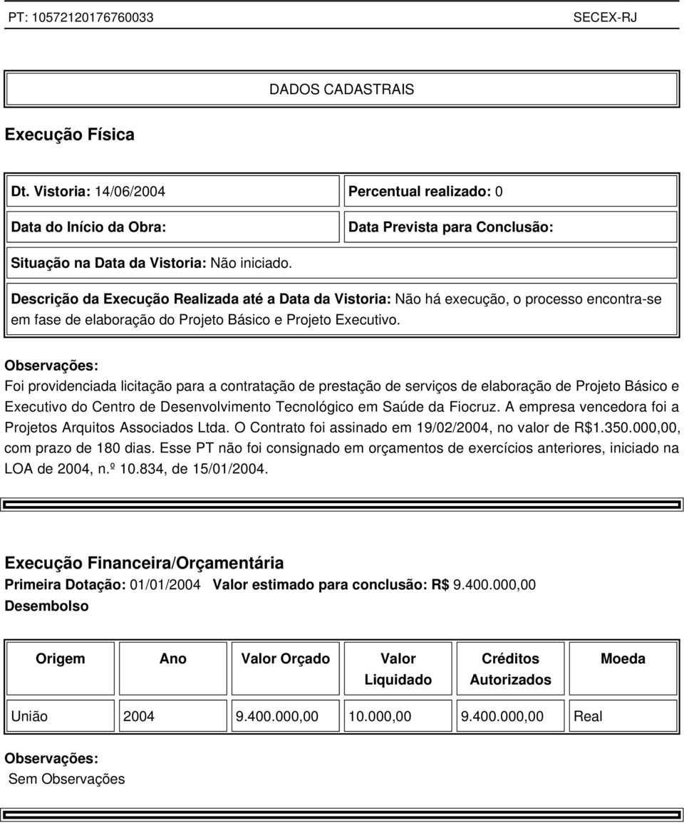 Observações: Foi providenciada licitação para a contratação de prestação de serviços de elaboração de Projeto Básico e Executivo do Centro de Desenvolvimento Tecnológico em Saúde da Fiocruz.