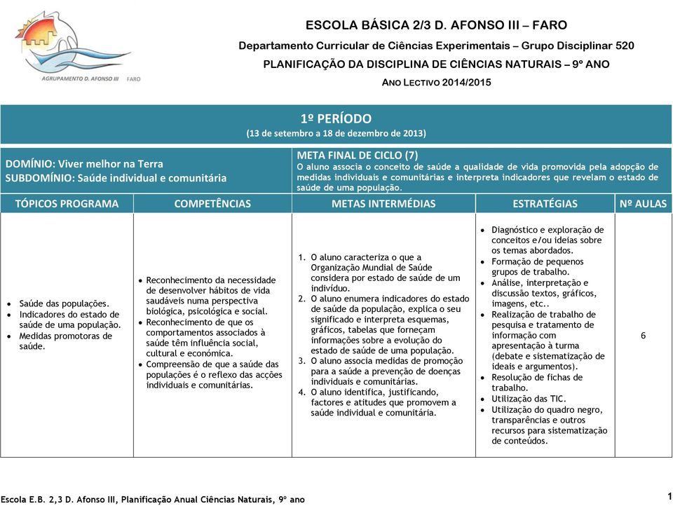 SUBDOMÍNIO: Saúde individual e comunitária 1º PERÍODO (13 de setembro a 18 de dezembro de 2013) META FINAL DE CICLO (7) O aluno associa o conceito de saúde a qualidade de vida promovida pela adopção