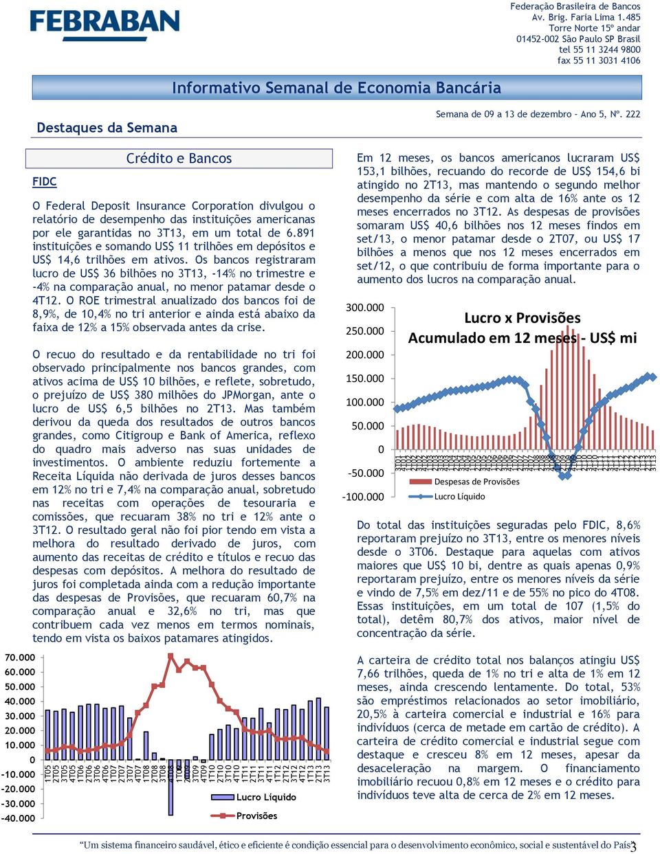 Destaques da Semana FIDC Crédito e Bancos O Federal Deposit Insurance Corporation divulgou o relatório de desempenho das instituições americanas por ele garantidas no 3T13, em um total de 6.