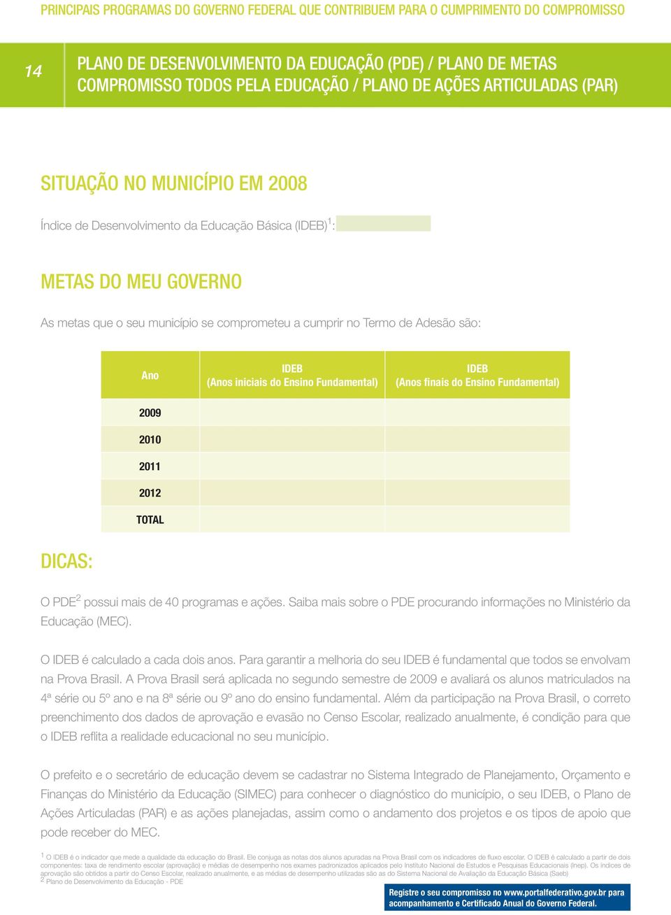 Adesão são: Ano IDEB (Anos iniciais do Ensino Fundamental) IDEB (Anos finais do Ensino Fundamental) 2009 2010 2011 2012 TOTAL DICAS: O PDE 2 possui mais de 40 programas e ações.